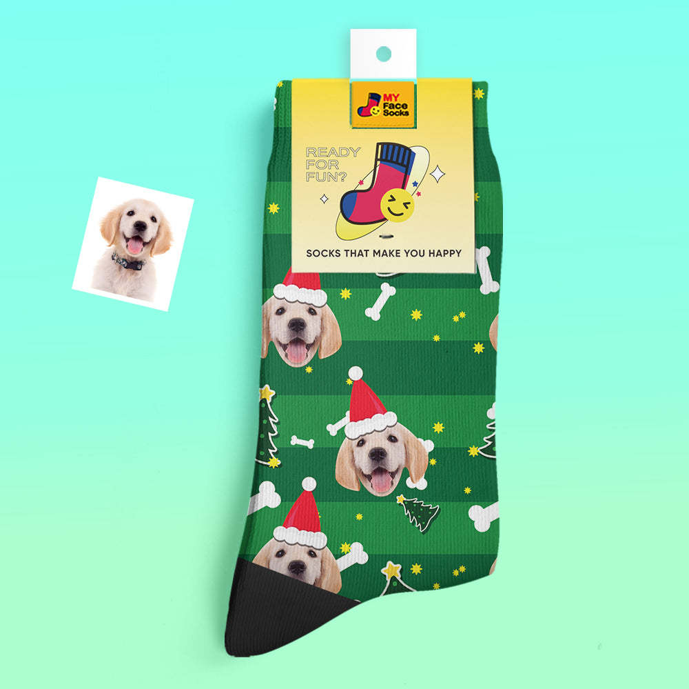 Chaussettes Épaisses Personnalisées Photo Chaussettes Imprimées Numériques 3d Automne Hiver Chaussettes Chaudes Santa Dog - VisageChaussettes