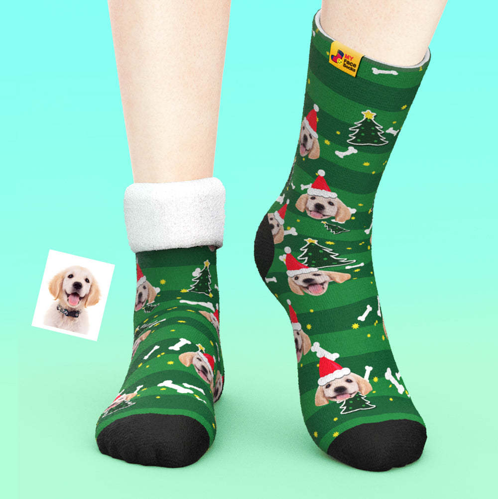 Chaussettes Épaisses Personnalisées Photo Chaussettes Imprimées Numériques 3d Automne Hiver Chaussettes Chaudes Santa Dog - VisageChaussettes