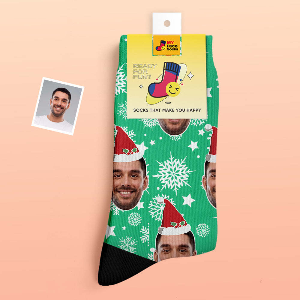 Chaussettes Épaisses Personnalisées Photo Chaussettes Imprimées Numériques 3d Automne Hiver Chaussettes Chaudes Chapeau De Père Noël De Noël - VisageChaussettes