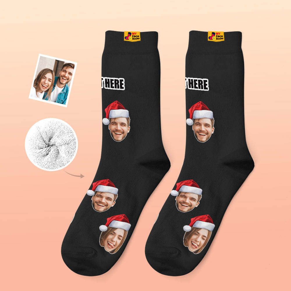 Chaussettes Épaisses Personnalisées Photo Chaussettes Imprimées Numériques 3d Automne Hiver Chaussettes Chaudes Porter Un Chapeau De Père Noël - VisageChaussettes