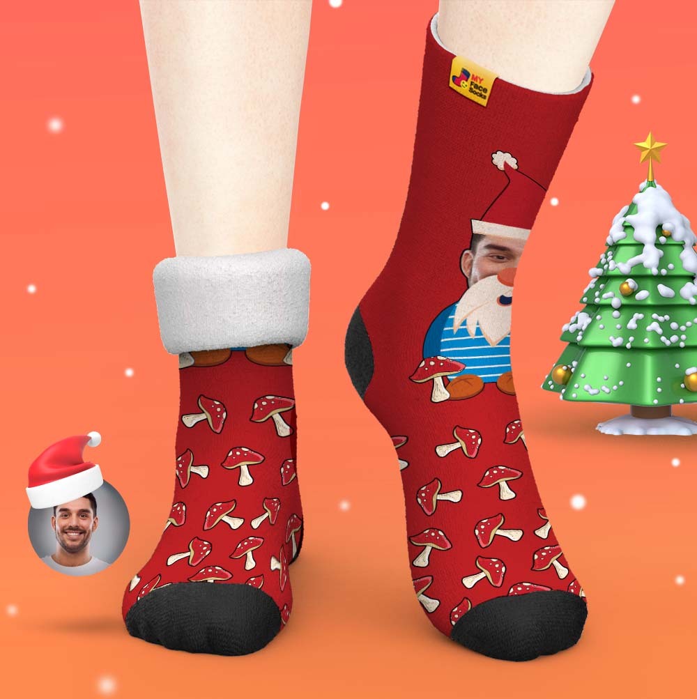 Cadeaux De Noël, Chaussettes Épaisses Personnalisées Photo 3d Chaussettes Imprimées Numériques Automne Hiver Chaussettes Chaudes Champignons Gnome De Noël - VisageChaussettes