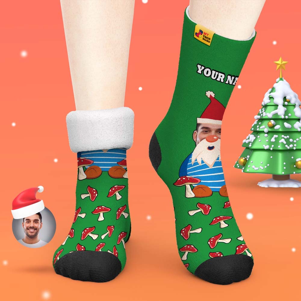 Cadeaux De Noël, Chaussettes Épaisses Personnalisées Photo 3d Chaussettes Imprimées Numériques Automne Hiver Chaussettes Chaudes Champignons Gnome De Noël - VisageChaussettes
