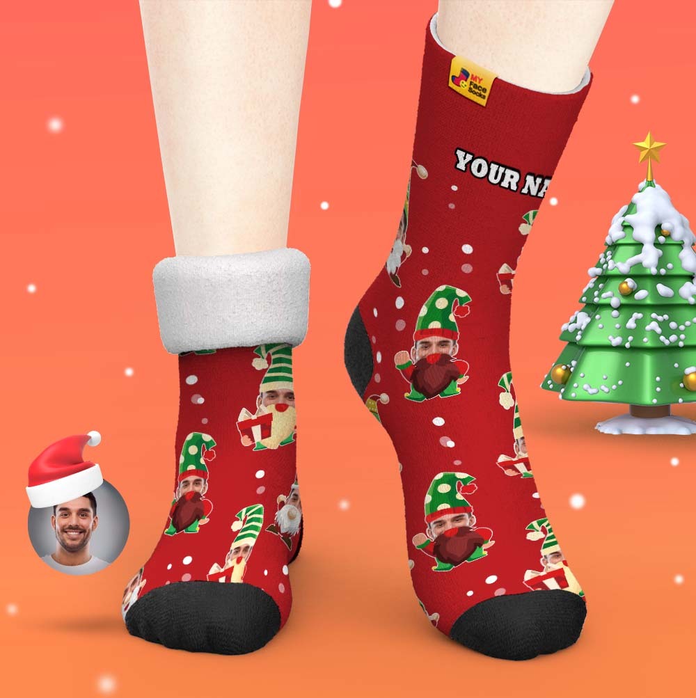 Cadeaux De Noël, Chaussettes Épaisses Personnalisées Photo 3d Chaussettes Imprimées Numériques Automne Hiver Chaussettes Chaudes Gnome Barbu - VisageChaussettes