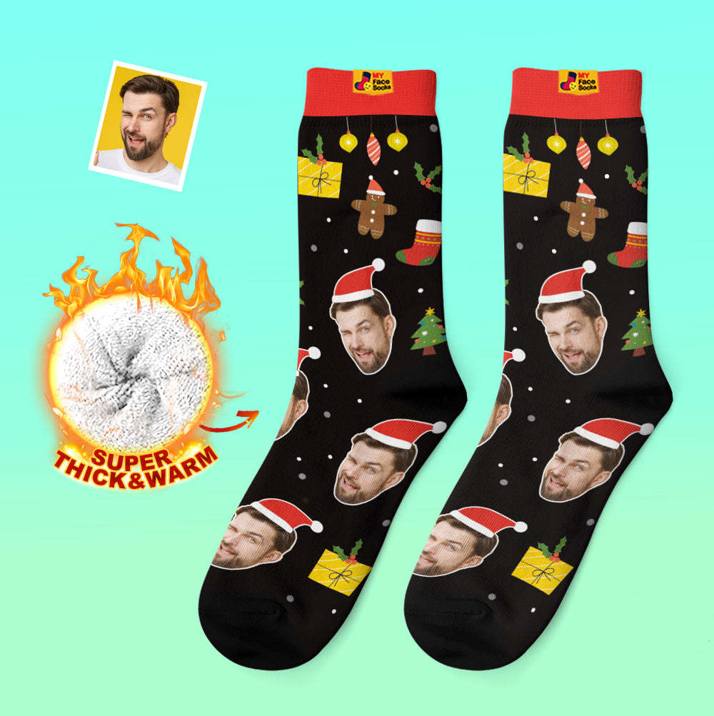 Chaussettes Épaisses Personnalisées Photo 3d Chaussettes Imprimées Numériques Automne Hiver Chaussettes Chaudes Père Noël Chapeaux Cadeau De Noël - VisageChaussettes