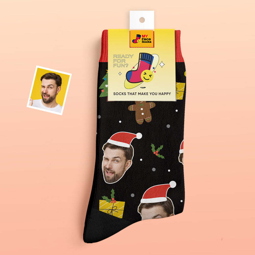 Chaussettes Épaisses Personnalisées Photo 3d Chaussettes Imprimées Numériques Automne Hiver Chaussettes Chaudes Père Noël Chapeaux Cadeau De Noël - VisageChaussettes