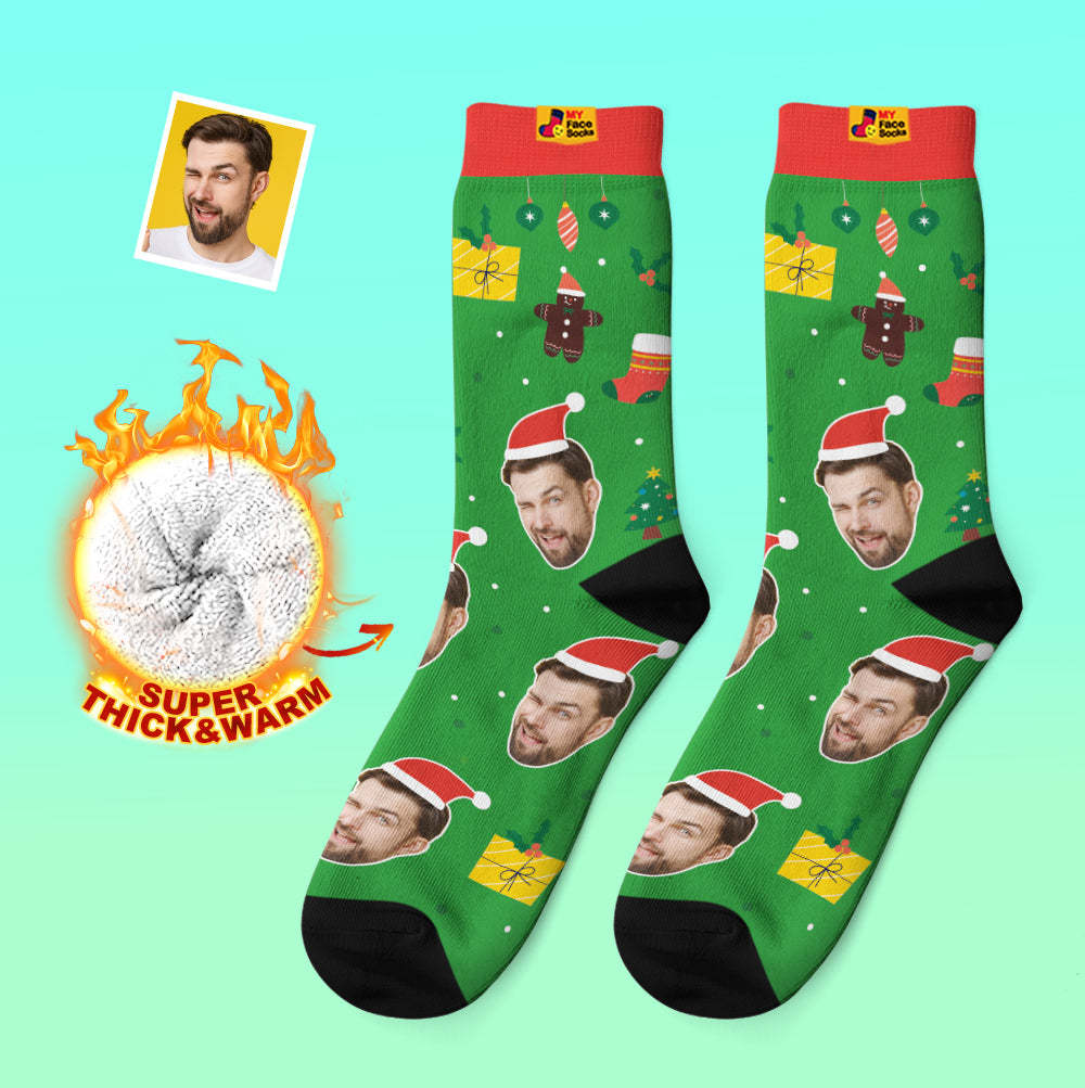 Chaussettes Épaisses Personnalisées Photo 3d Chaussettes Imprimées Numériques Automne Hiver Chaussettes Chaudes Père Noël Chapeaux Cadeau De Noël - VisageChaussettes