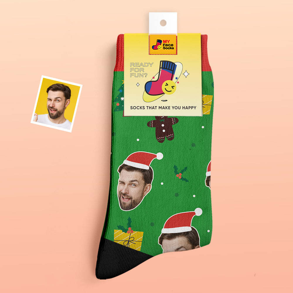 Chaussettes Épaisses Personnalisées Photo 3d Chaussettes Imprimées Numériques Automne Hiver Chaussettes Chaudes Père Noël Chapeaux Cadeau De Noël - VisageChaussettes