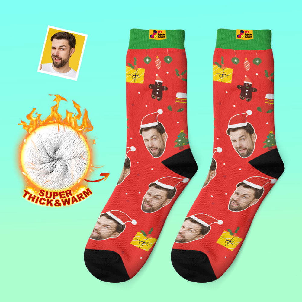Chaussettes Épaisses Personnalisées Photo 3d Chaussettes Imprimées Numériques Automne Hiver Chaussettes Chaudes Père Noël Chapeaux Cadeau De Noël - VisageChaussettes