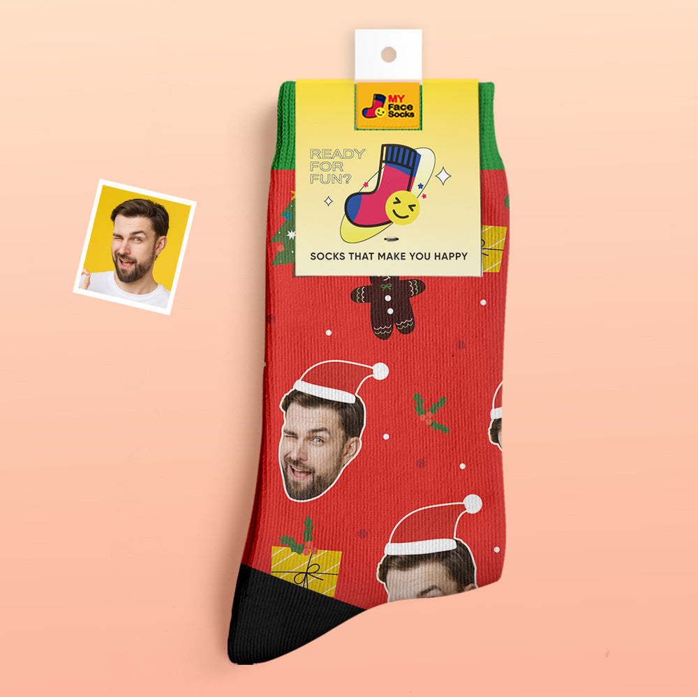 Chaussettes Épaisses Personnalisées Photo 3d Chaussettes Imprimées Numériques Automne Hiver Chaussettes Chaudes Père Noël Chapeaux Cadeau De Noël - VisageChaussettes