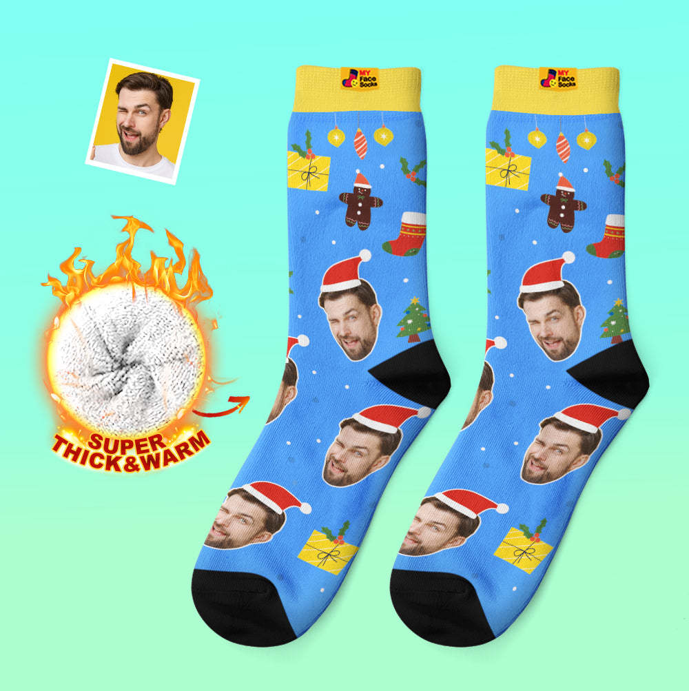 Chaussettes Épaisses Personnalisées Photo 3d Chaussettes Imprimées Numériques Automne Hiver Chaussettes Chaudes Père Noël Chapeaux Cadeau De Noël - VisageChaussettes