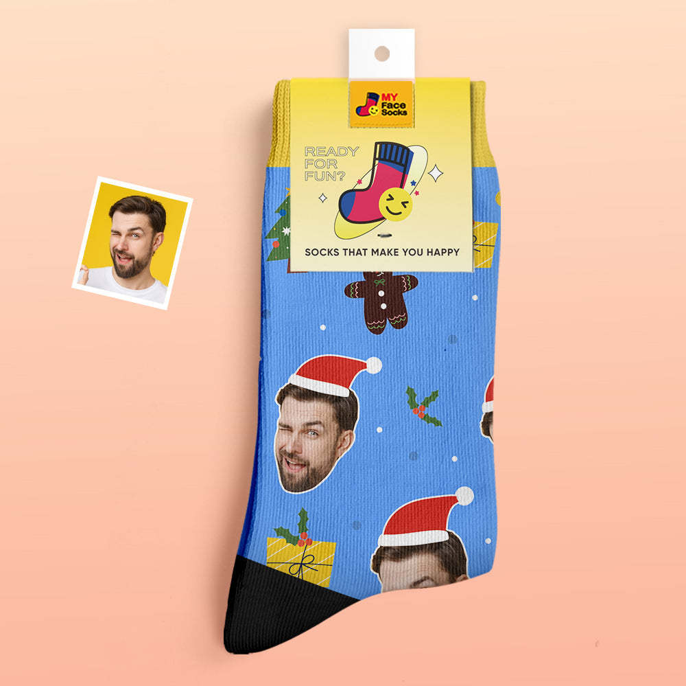 Chaussettes Épaisses Personnalisées Photo 3d Chaussettes Imprimées Numériques Automne Hiver Chaussettes Chaudes Père Noël Chapeaux Cadeau De Noël - VisageChaussettes