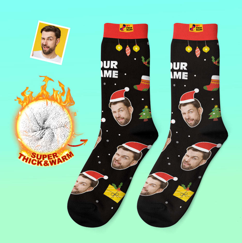 Chaussettes Épaisses Personnalisées Photo 3d Chaussettes Imprimées Numériques Automne Hiver Chaussettes Chaudes Père Noël Chapeaux Cadeau De Noël - VisageChaussettes