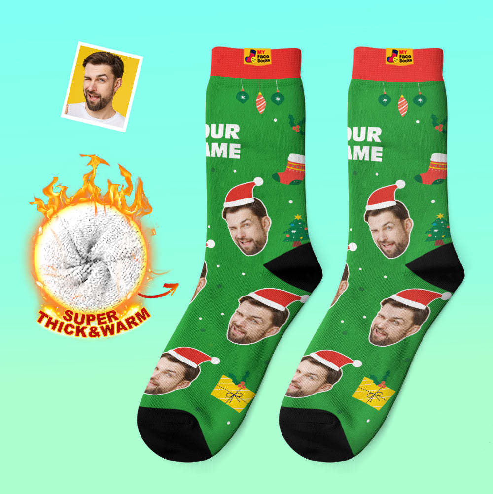 Chaussettes Épaisses Personnalisées Photo 3d Chaussettes Imprimées Numériques Automne Hiver Chaussettes Chaudes Père Noël Chapeaux Cadeau De Noël - VisageChaussettes