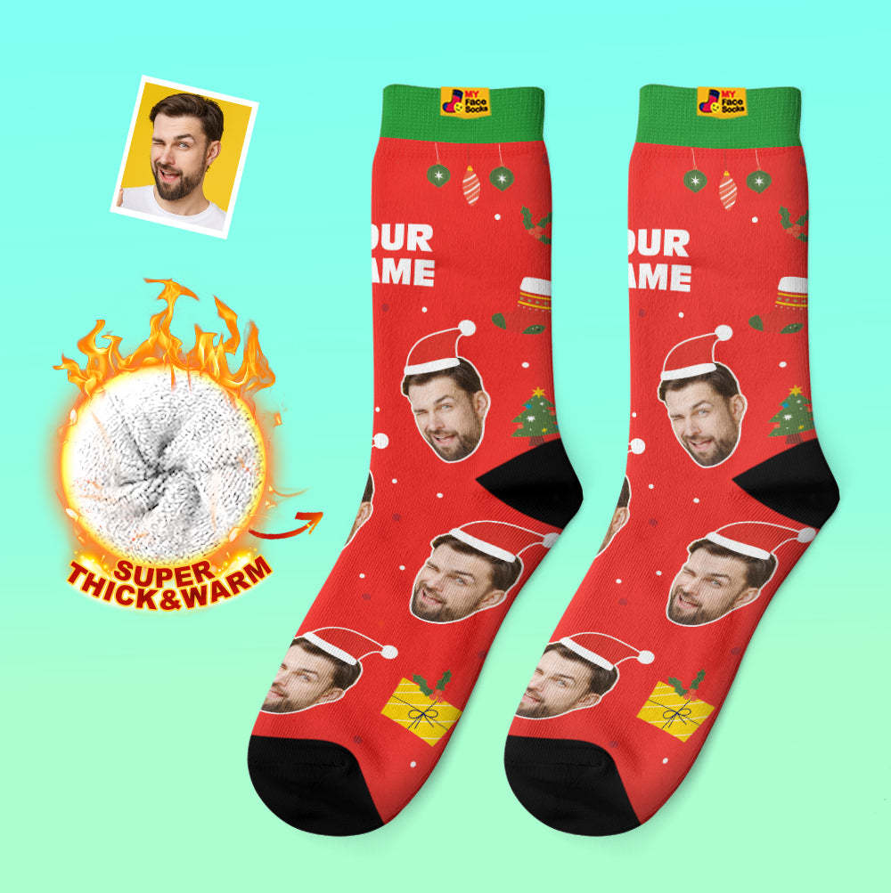 Chaussettes Épaisses Personnalisées Photo 3d Chaussettes Imprimées Numériques Automne Hiver Chaussettes Chaudes Père Noël Chapeaux Cadeau De Noël - VisageChaussettes