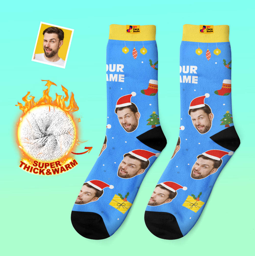 Chaussettes Épaisses Personnalisées Photo 3d Chaussettes Imprimées Numériques Automne Hiver Chaussettes Chaudes Père Noël Chapeaux Cadeau De Noël - VisageChaussettes