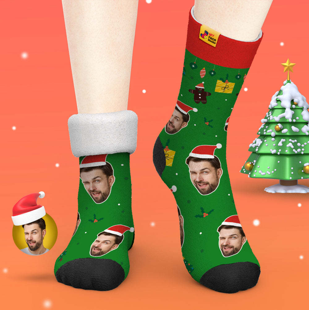 Chaussettes Épaisses Personnalisées Photo 3d Chaussettes Imprimées Numériques Automne Hiver Chaussettes Chaudes Père Noël Chapeaux Cadeau De Noël - VisageChaussettes