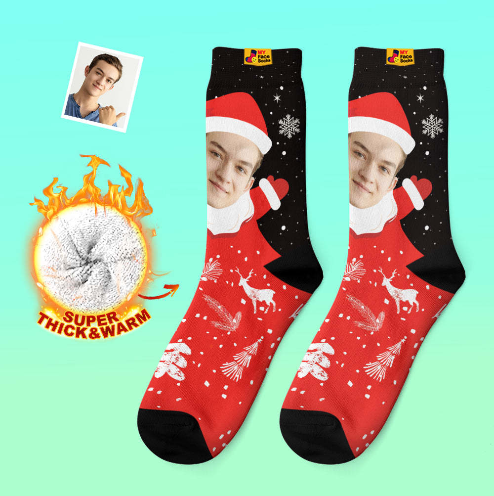 Chaussettes Épaisses Personnalisées Photo 3d Chaussettes Imprimées Numériques Automne Hiver Chaussettes Chaudes Snow Santa Happy Face Chaussettes Cadeau De Noël - VisageChaussettes
