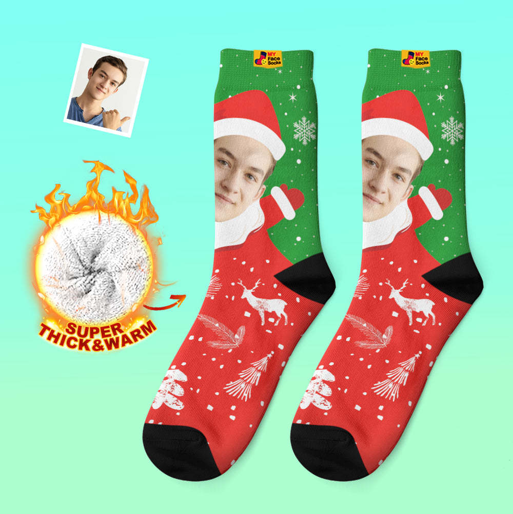 Chaussettes Épaisses Personnalisées Photo 3d Chaussettes Imprimées Numériques Automne Hiver Chaussettes Chaudes Snow Santa Happy Face Chaussettes Cadeau De Noël - VisageChaussettes