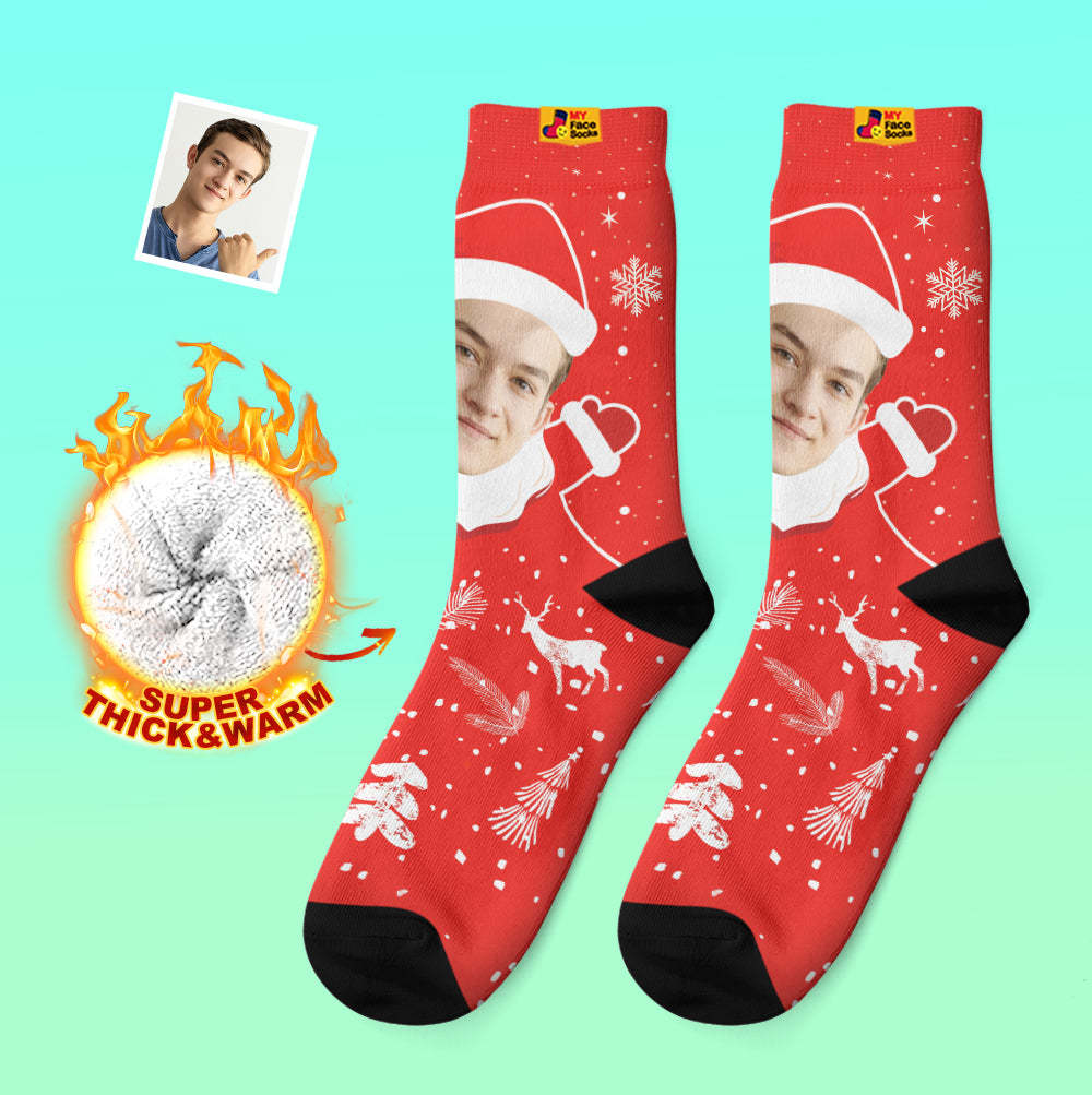 Chaussettes Épaisses Personnalisées Photo 3d Chaussettes Imprimées Numériques Automne Hiver Chaussettes Chaudes Snow Santa Happy Face Chaussettes Cadeau De Noël - VisageChaussettes
