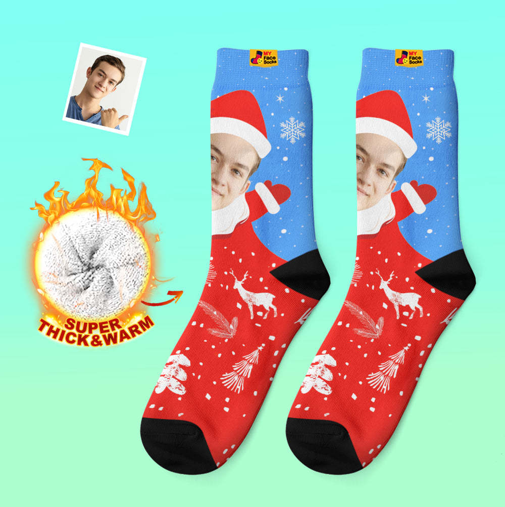 Chaussettes Épaisses Personnalisées Photo 3d Chaussettes Imprimées Numériques Automne Hiver Chaussettes Chaudes Snow Santa Happy Face Chaussettes Cadeau De Noël - VisageChaussettes