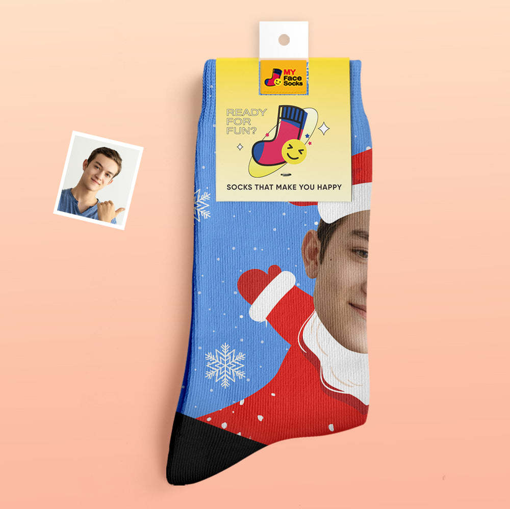Chaussettes Épaisses Personnalisées Photo 3d Chaussettes Imprimées Numériques Automne Hiver Chaussettes Chaudes Snow Santa Happy Face Chaussettes Cadeau De Noël - VisageChaussettes