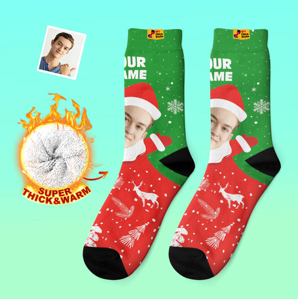 Chaussettes Épaisses Personnalisées Photo 3d Chaussettes Imprimées Numériques Automne Hiver Chaussettes Chaudes Snow Santa Happy Face Chaussettes Cadeau De Noël - VisageChaussettes