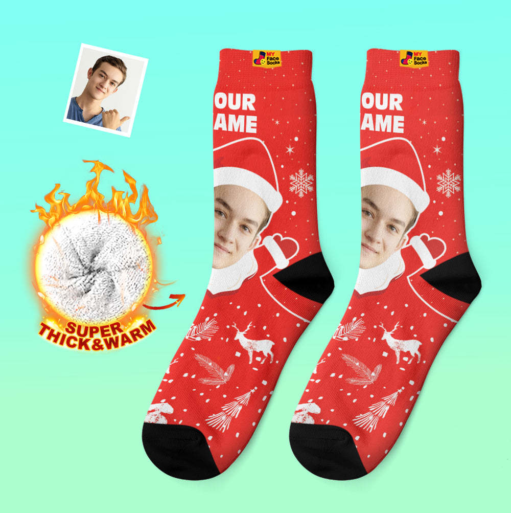 Chaussettes Épaisses Personnalisées Photo 3d Chaussettes Imprimées Numériques Automne Hiver Chaussettes Chaudes Snow Santa Happy Face Chaussettes Cadeau De Noël - VisageChaussettes