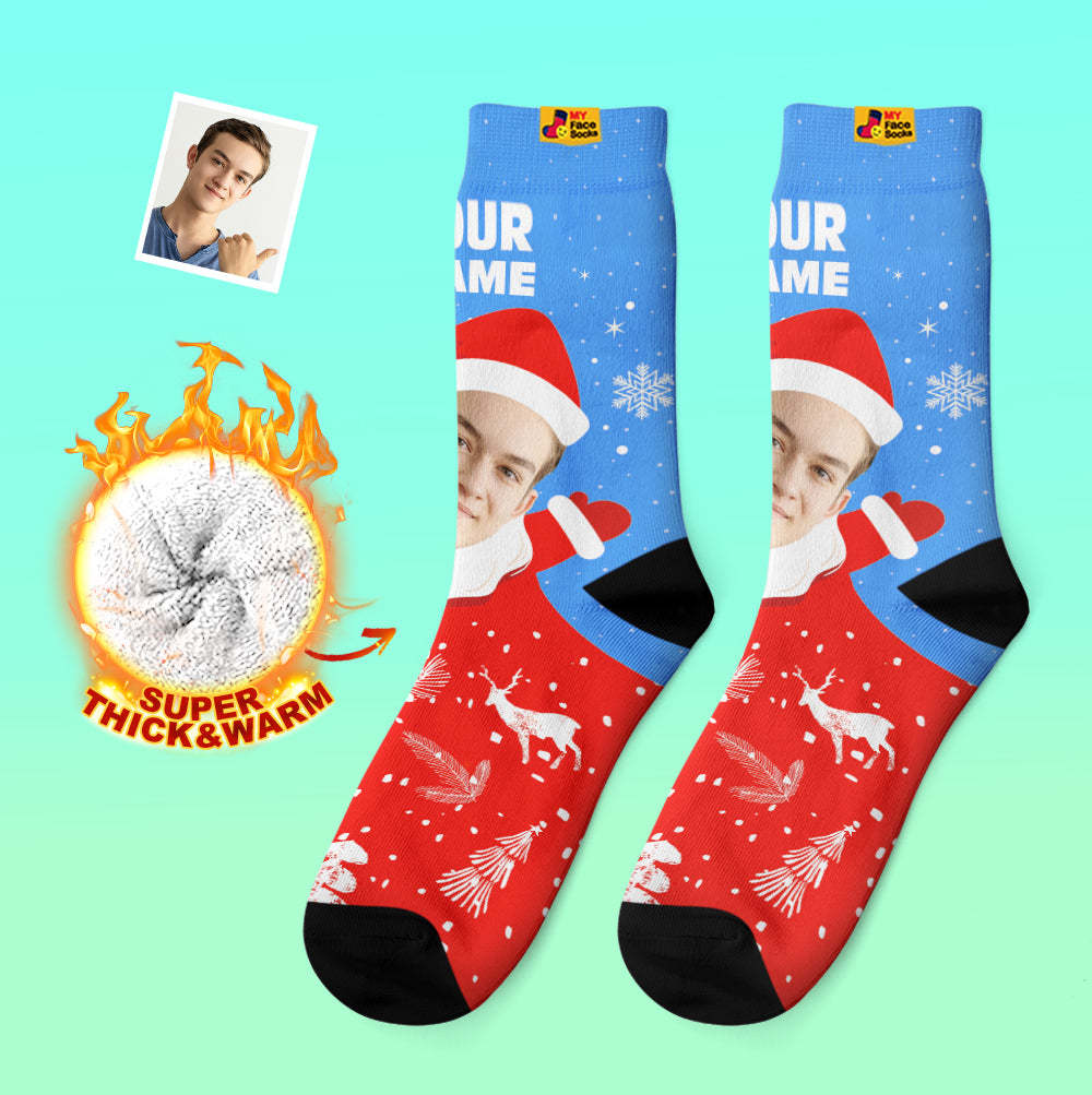 Chaussettes Épaisses Personnalisées Photo 3d Chaussettes Imprimées Numériques Automne Hiver Chaussettes Chaudes Snow Santa Happy Face Chaussettes Cadeau De Noël - VisageChaussettes