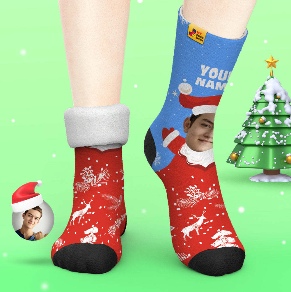 Chaussettes Épaisses Personnalisées Photo 3d Chaussettes Imprimées Numériques Automne Hiver Chaussettes Chaudes Snow Santa Happy Face Chaussettes Cadeau De Noël - VisageChaussettes
