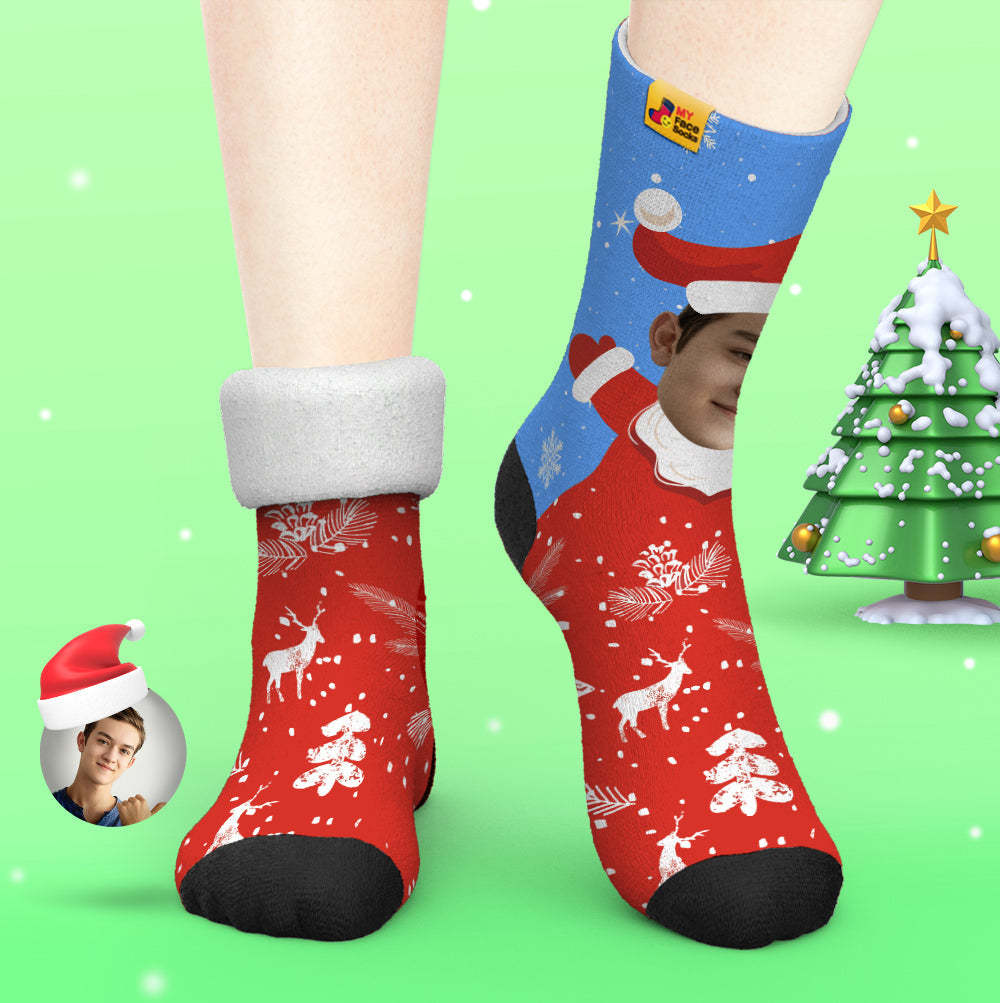Chaussettes Épaisses Personnalisées Photo 3d Chaussettes Imprimées Numériques Automne Hiver Chaussettes Chaudes Snow Santa Happy Face Chaussettes Cadeau De Noël - VisageChaussettes