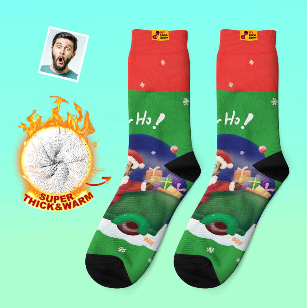 Chaussettes Épaisses Personnalisées Photo Automne Hiver Chaussettes Chaudes Père Noël Chapeaux Chaussettes Cadeaux De Noël Ho Ho - VisageChaussettes