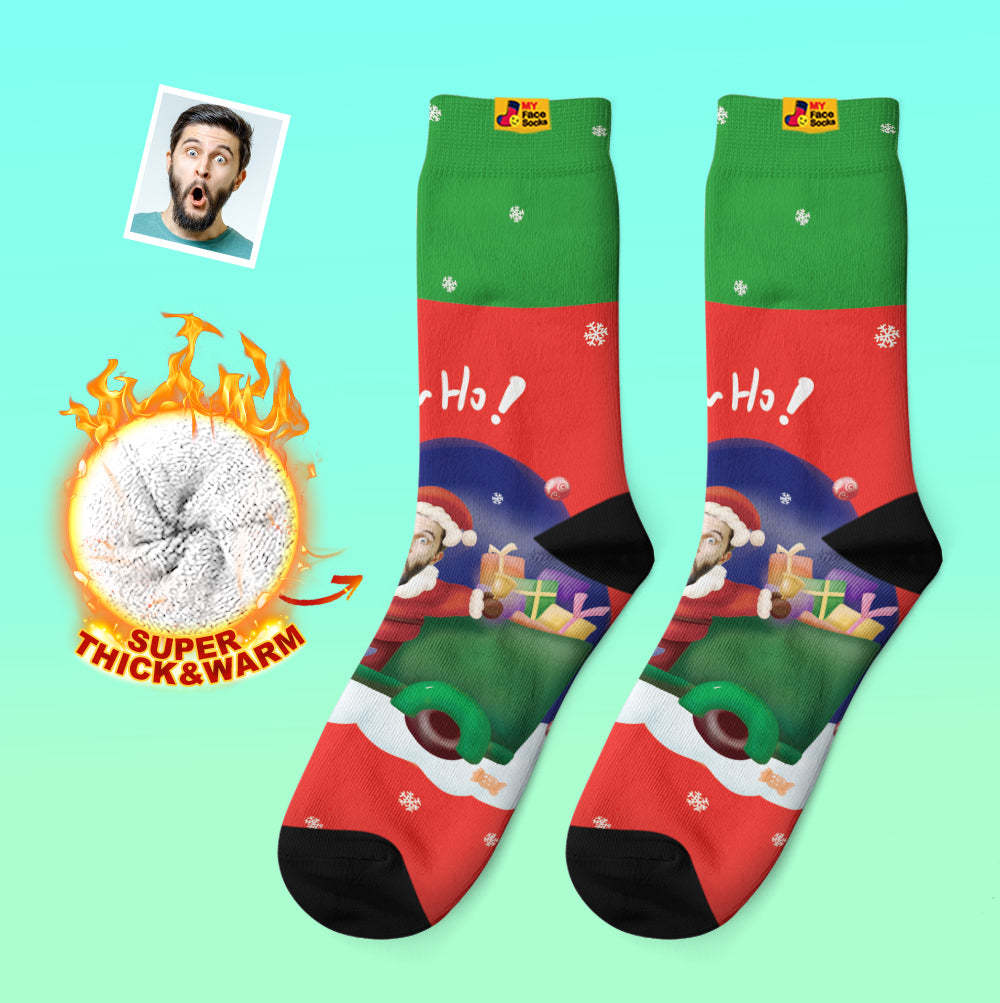 Chaussettes Épaisses Personnalisées Photo Automne Hiver Chaussettes Chaudes Père Noël Chapeaux Chaussettes Cadeaux De Noël Ho Ho - VisageChaussettes