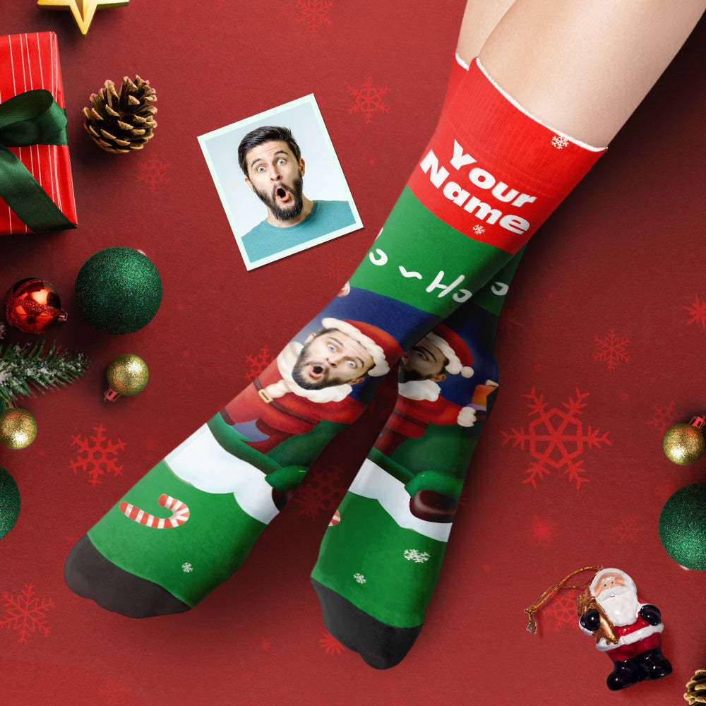 Chaussettes Épaisses Personnalisées Photo Automne Hiver Chaussettes Chaudes Père Noël Chapeaux Chaussettes Cadeaux De Noël Ho Ho - VisageChaussettes