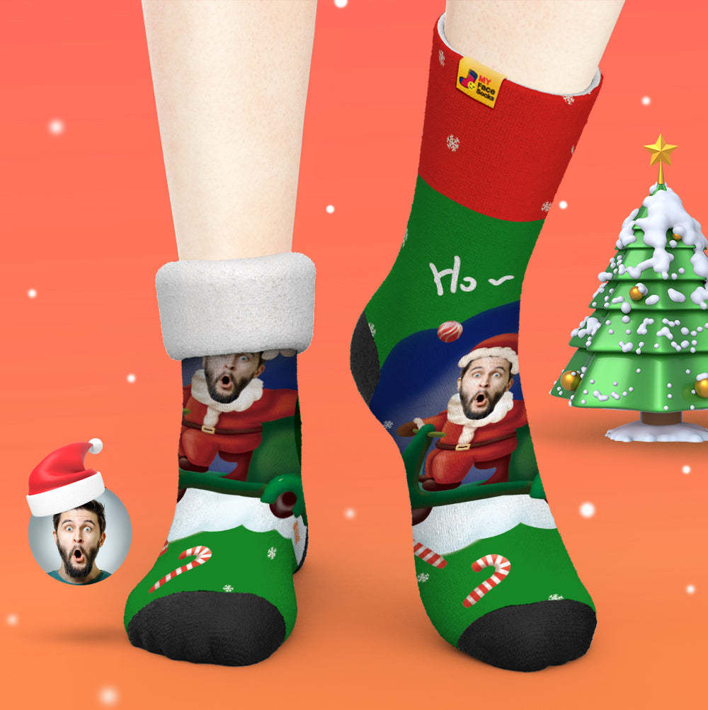 Chaussettes Épaisses Personnalisées Photo Automne Hiver Chaussettes Chaudes Père Noël Chapeaux Chaussettes Cadeaux De Noël Ho Ho - VisageChaussettes