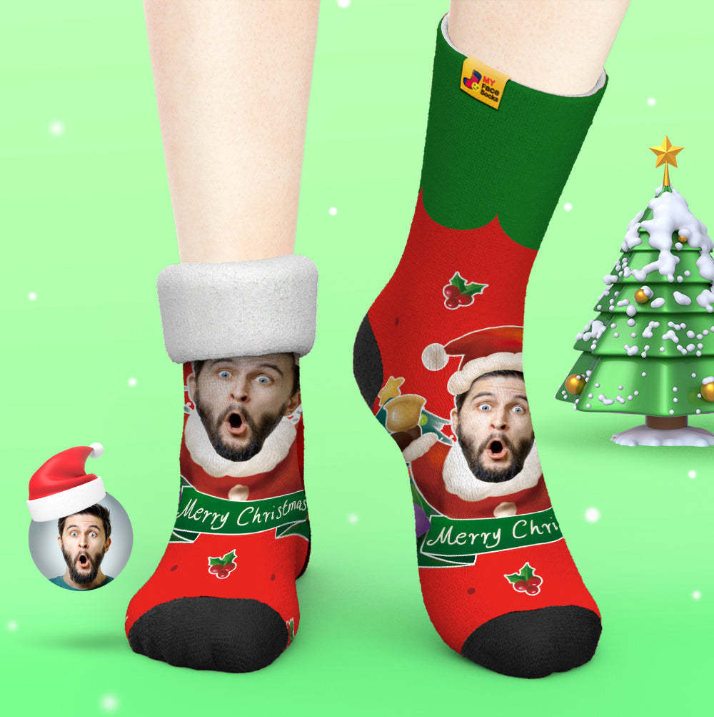 Chaussettes Épaisses Personnalisées Photo Automne Hiver Chaussettes Chaudes Père Noël Chapeaux Chaussettes Cadeaux De Noël Cloches De Noël - VisageChaussettes