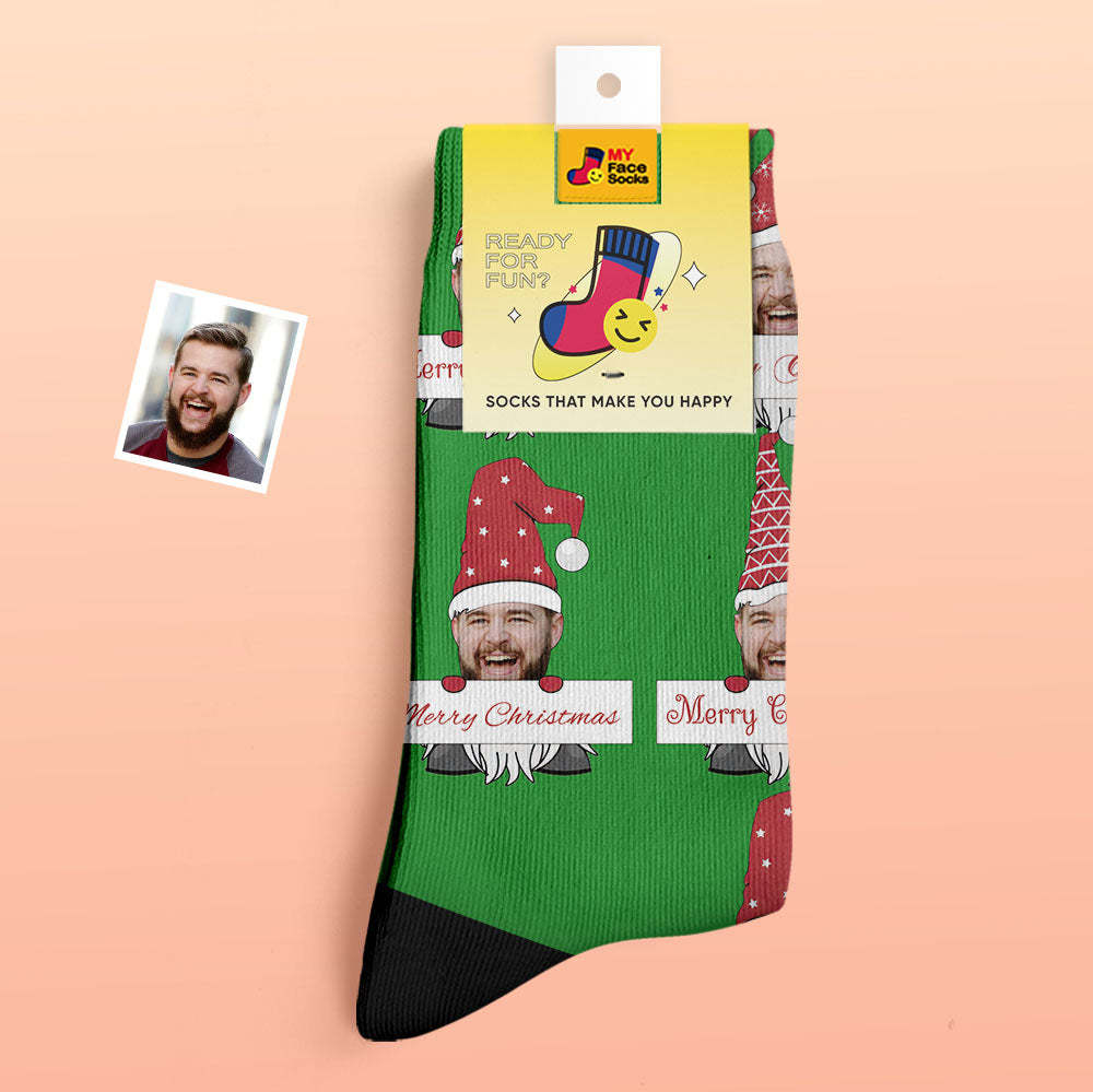 Chaussettes Épaisses Personnalisées Photo Automne Hiver Chaussettes Chaudes Chaussettes De Gnome De Noël Joyeux Noël - VisageChaussettes