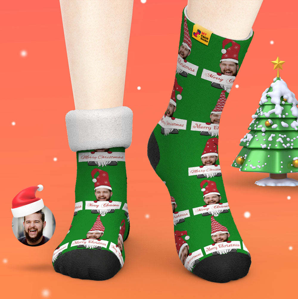 Chaussettes Épaisses Personnalisées Photo Automne Hiver Chaussettes Chaudes Chaussettes De Gnome De Noël Joyeux Noël - VisageChaussettes