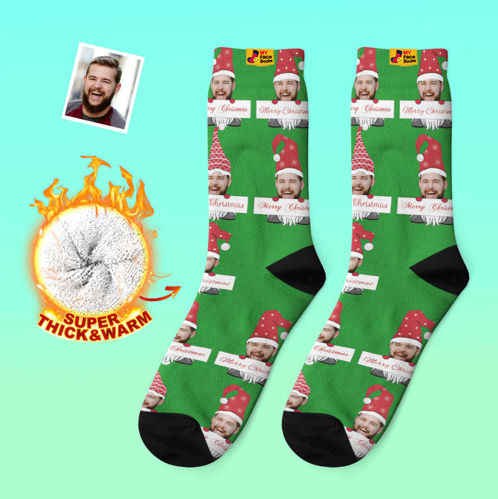 Chaussettes Épaisses Personnalisées Photo Automne Hiver Chaussettes Chaudes Chaussettes De Gnome De Noël Joyeux Noël - VisageChaussettes