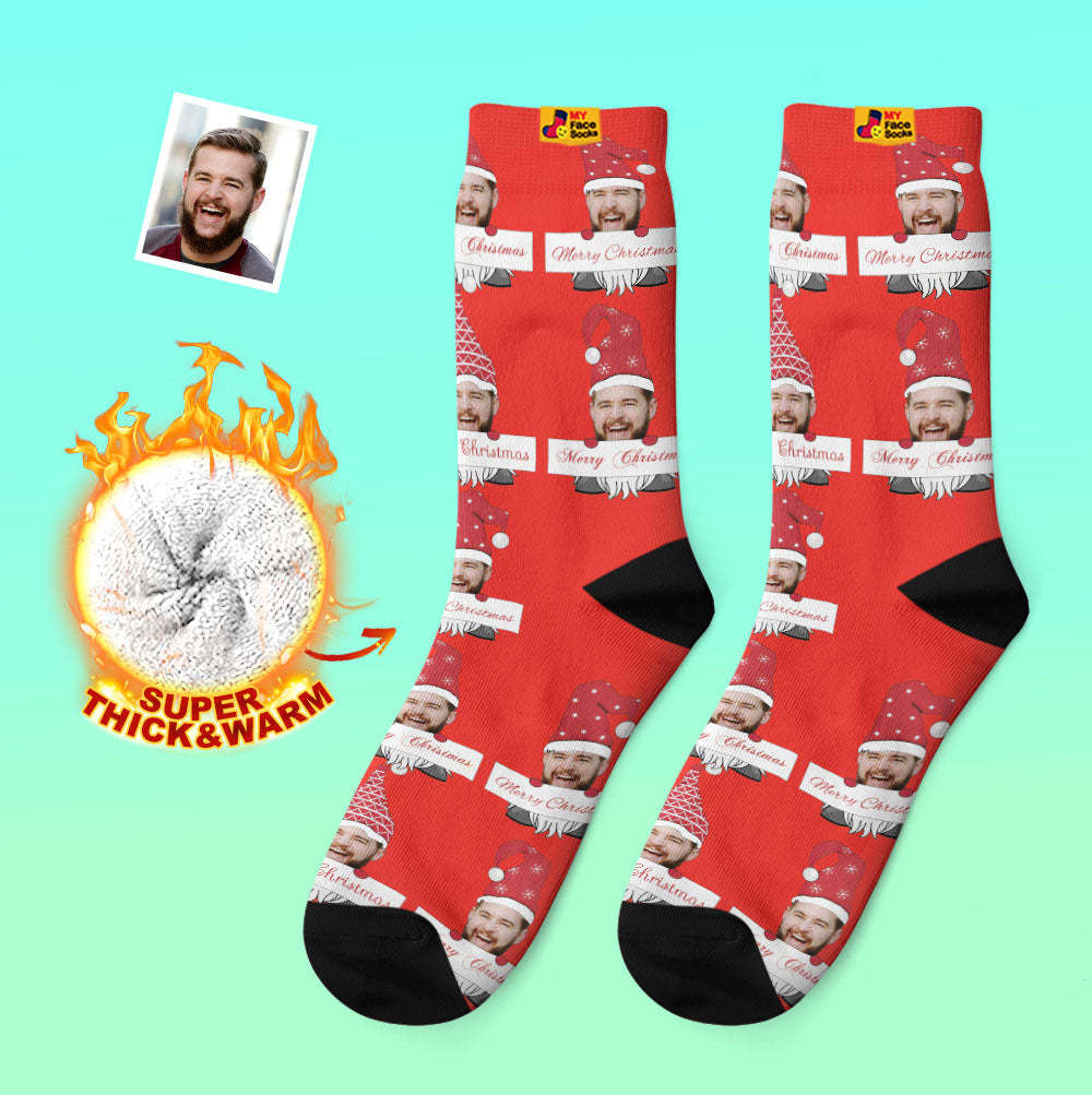 Chaussettes Épaisses Personnalisées Photo Automne Hiver Chaussettes Chaudes Chaussettes De Gnome De Noël Joyeux Noël - VisageChaussettes