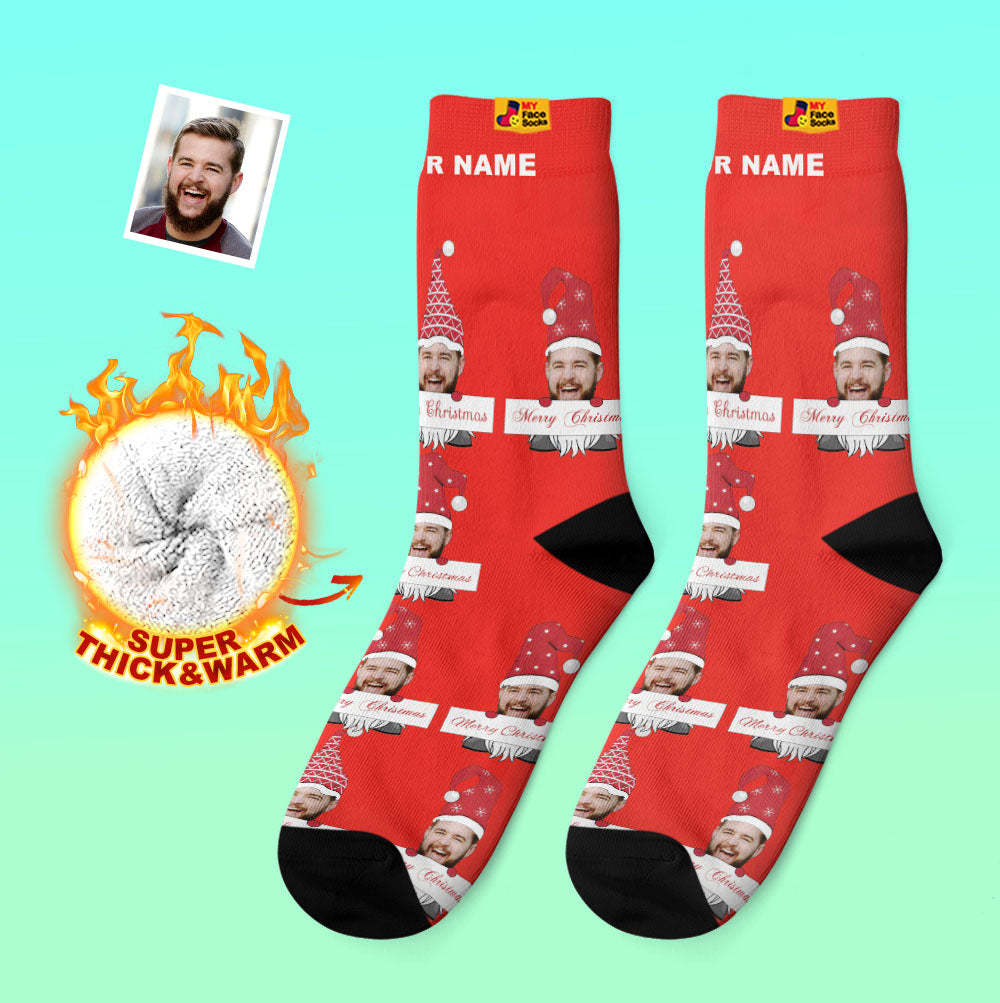 Chaussettes Épaisses Personnalisées Photo Automne Hiver Chaussettes Chaudes Chaussettes De Gnome De Noël Joyeux Noël - VisageChaussettes