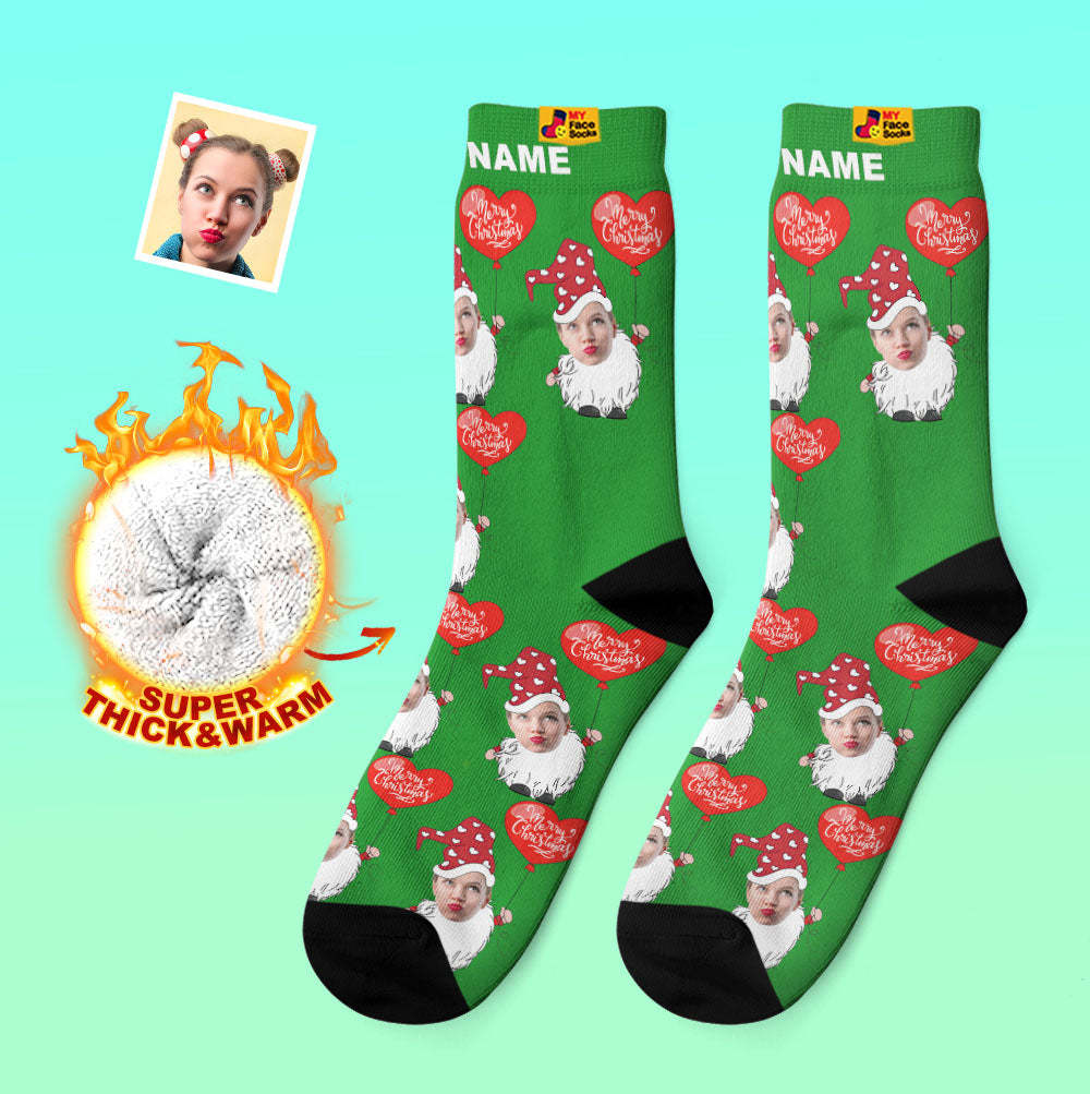 Chaussettes Épaisses Personnalisées Photo Automne Hiver Chaussettes Chaudes Gnome De Noël Avec Ballon En Forme De Coeur Chaussettes De Noël - VisageChaussettes