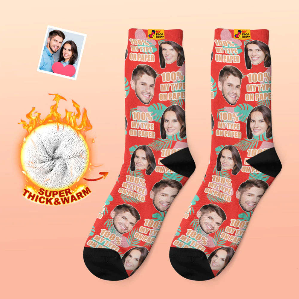Chaussettes Photo Épaisses Personnalisées Cadeau Saint Valentin Chaussettes Chaudes 100% Mon Type Sur Papier Chaussettes Visage - VisageChaussettes