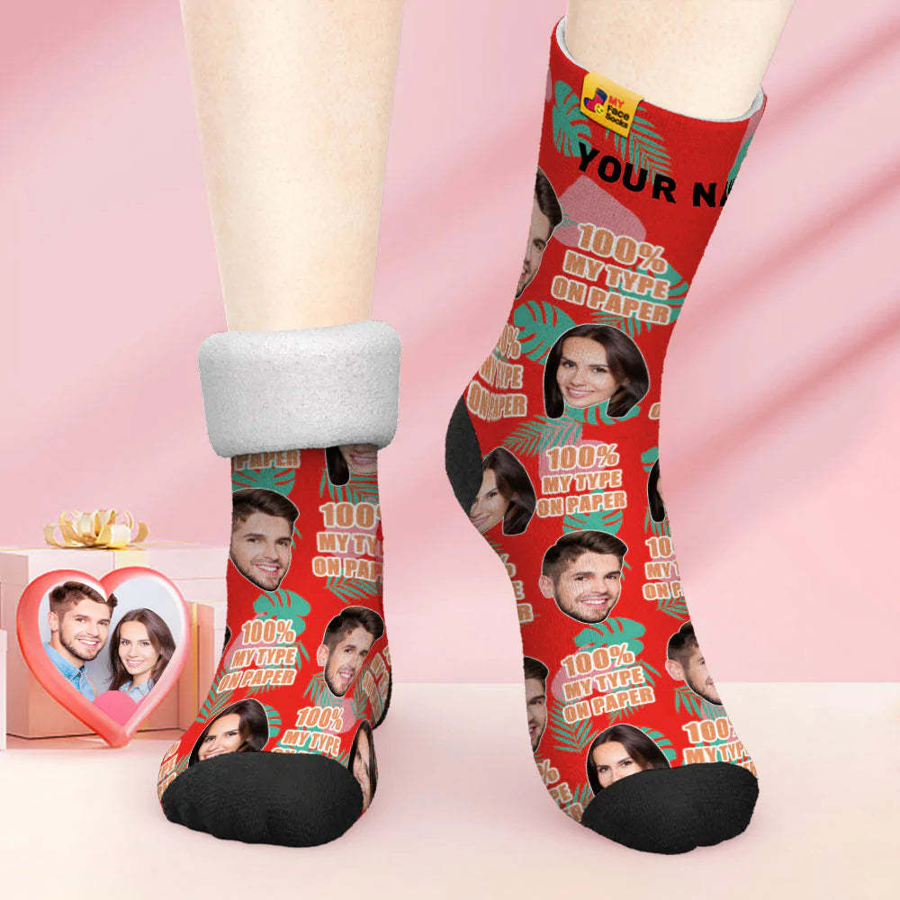 Chaussettes Photo Épaisses Personnalisées Cadeau Saint Valentin Chaussettes Chaudes 100% Mon Type Sur Papier Chaussettes Visage - VisageChaussettes