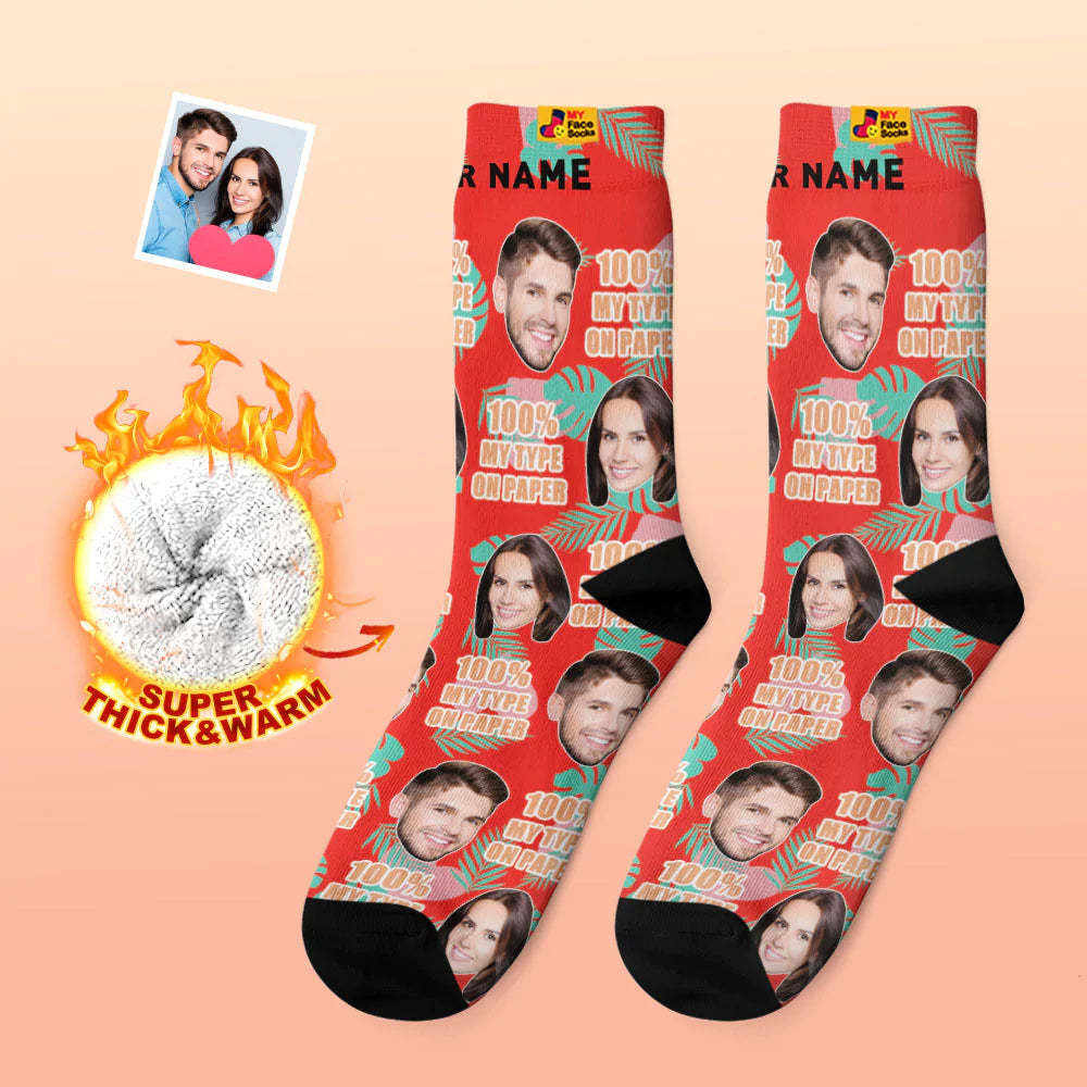 Chaussettes Photo Épaisses Personnalisées Cadeau Saint Valentin Chaussettes Chaudes 100% Mon Type Sur Papier Chaussettes Visage - VisageChaussettes