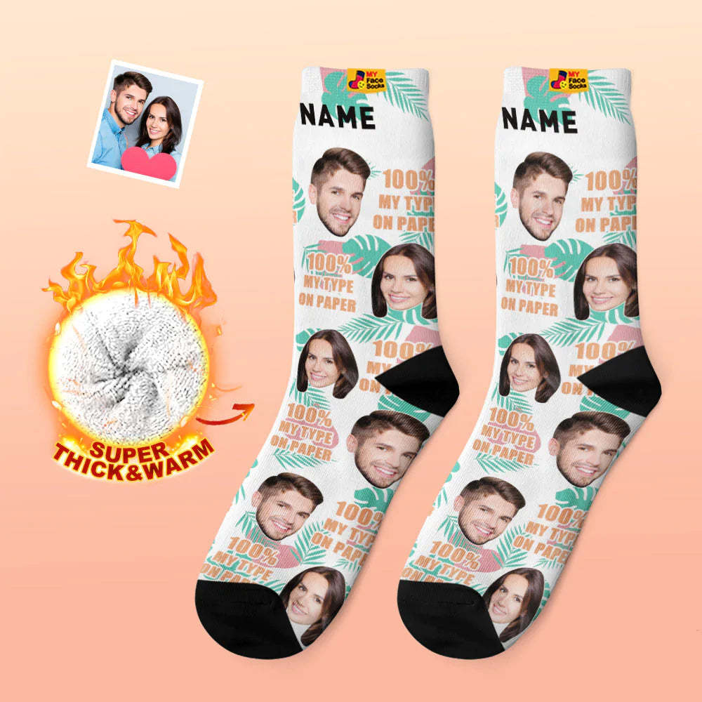 Chaussettes Photo Épaisses Personnalisées Cadeau Saint Valentin Chaussettes Chaudes 100% Mon Type Sur Papier Chaussettes Visage - VisageChaussettes