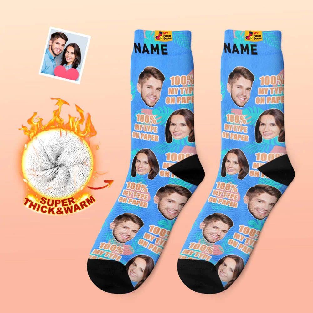Chaussettes Photo Épaisses Personnalisées Cadeau Saint Valentin Chaussettes Chaudes 100% Mon Type Sur Papier Chaussettes Visage - VisageChaussettes