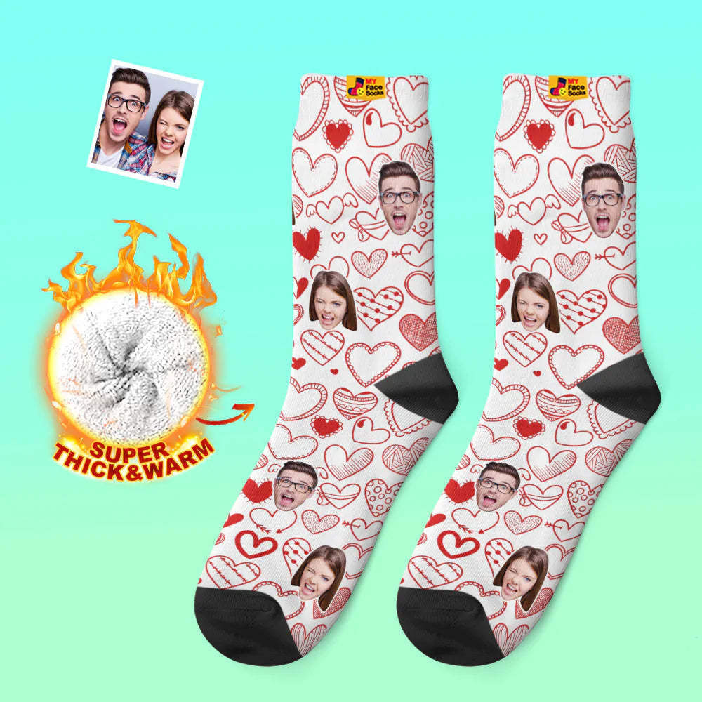Chaussettes Photo Épaisses Personnalisées Cadeau Saint Valentin Chaussettes Chaudes Coeurs Flottants Chaussettes Sur Tout Le Visage - VisageChaussettes