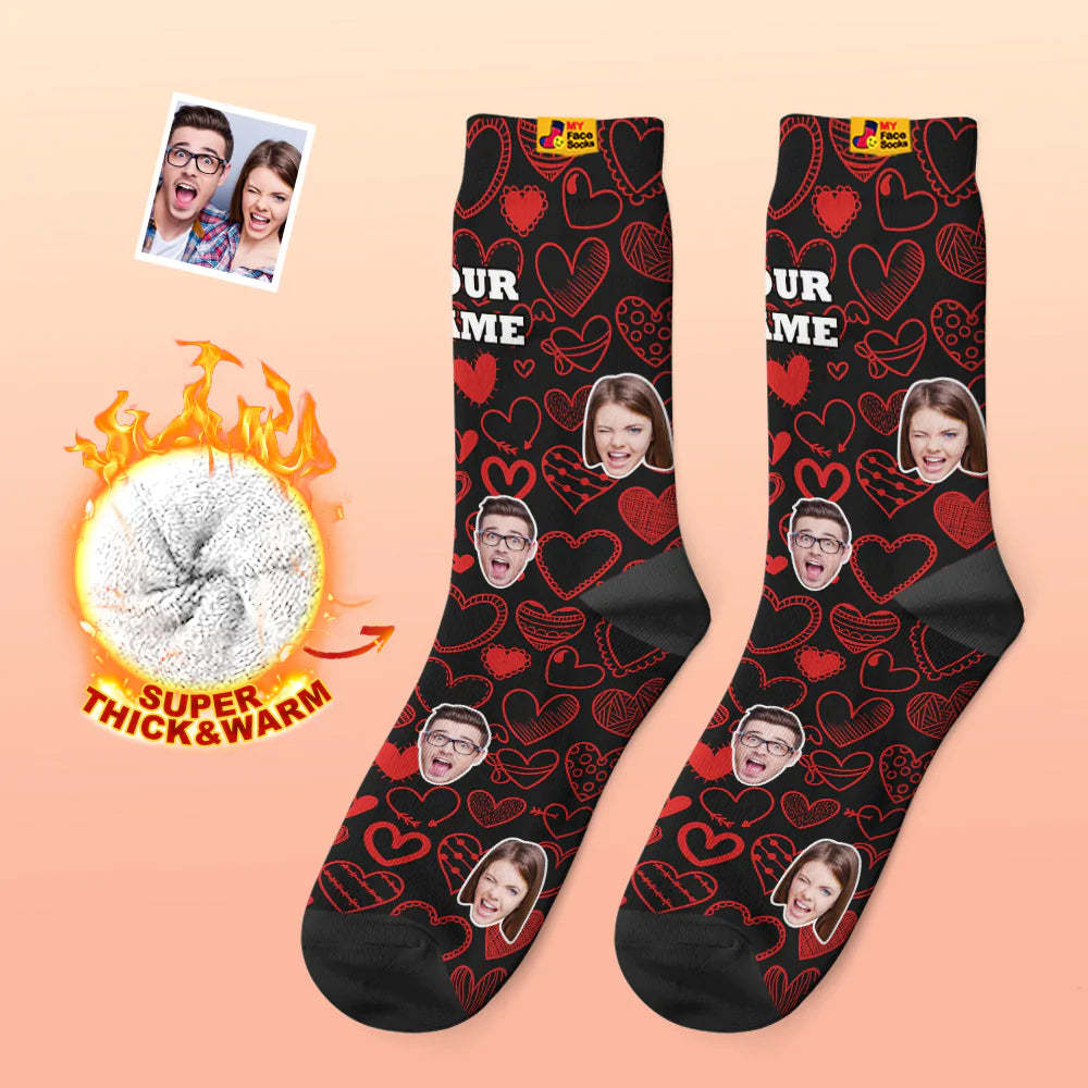 Chaussettes Photo Épaisses Personnalisées Cadeau Saint Valentin Chaussettes Chaudes Coeurs Flottants Chaussettes Sur Tout Le Visage - VisageChaussettes