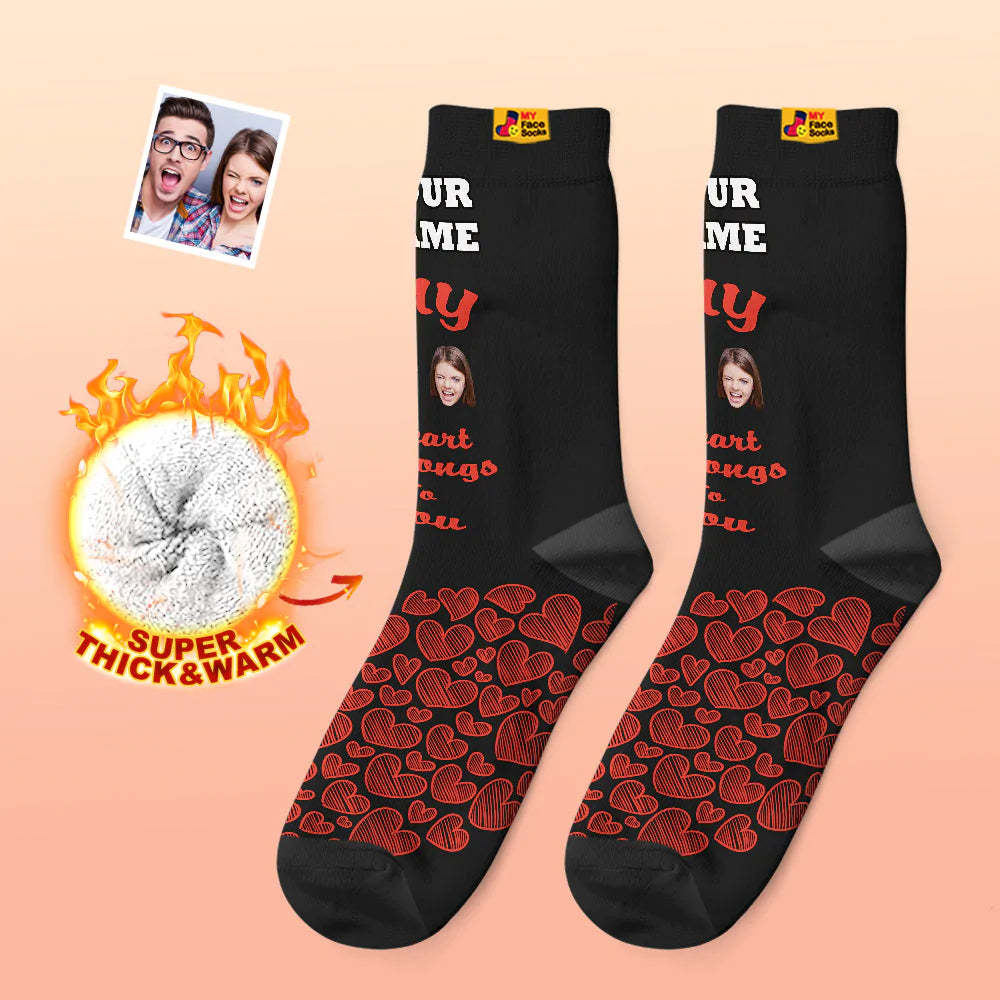 Chaussettes Photo Épaisses Personnalisées Cadeau Saint Valentin Chaussettes Chaudes Mon Cœur Vous Appartient Chaussettes Visage - VisageChaussettes
