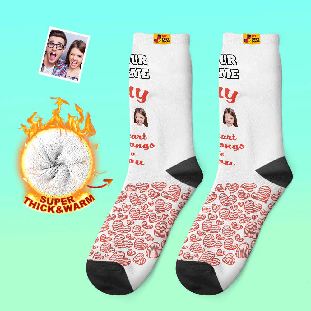 Chaussettes Photo Épaisses Personnalisées Cadeau Saint Valentin Chaussettes Chaudes Mon Cœur Vous Appartient Chaussettes Visage - VisageChaussettes